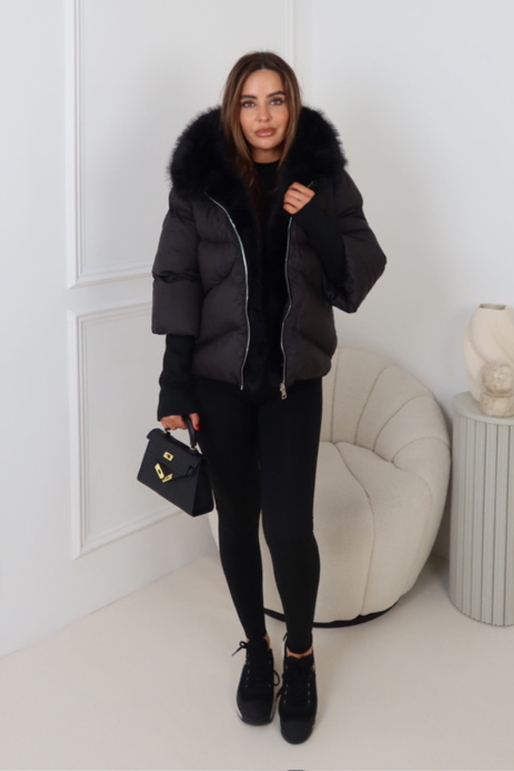 Verity black hooded puffer coat with faux fur trim - Image 2