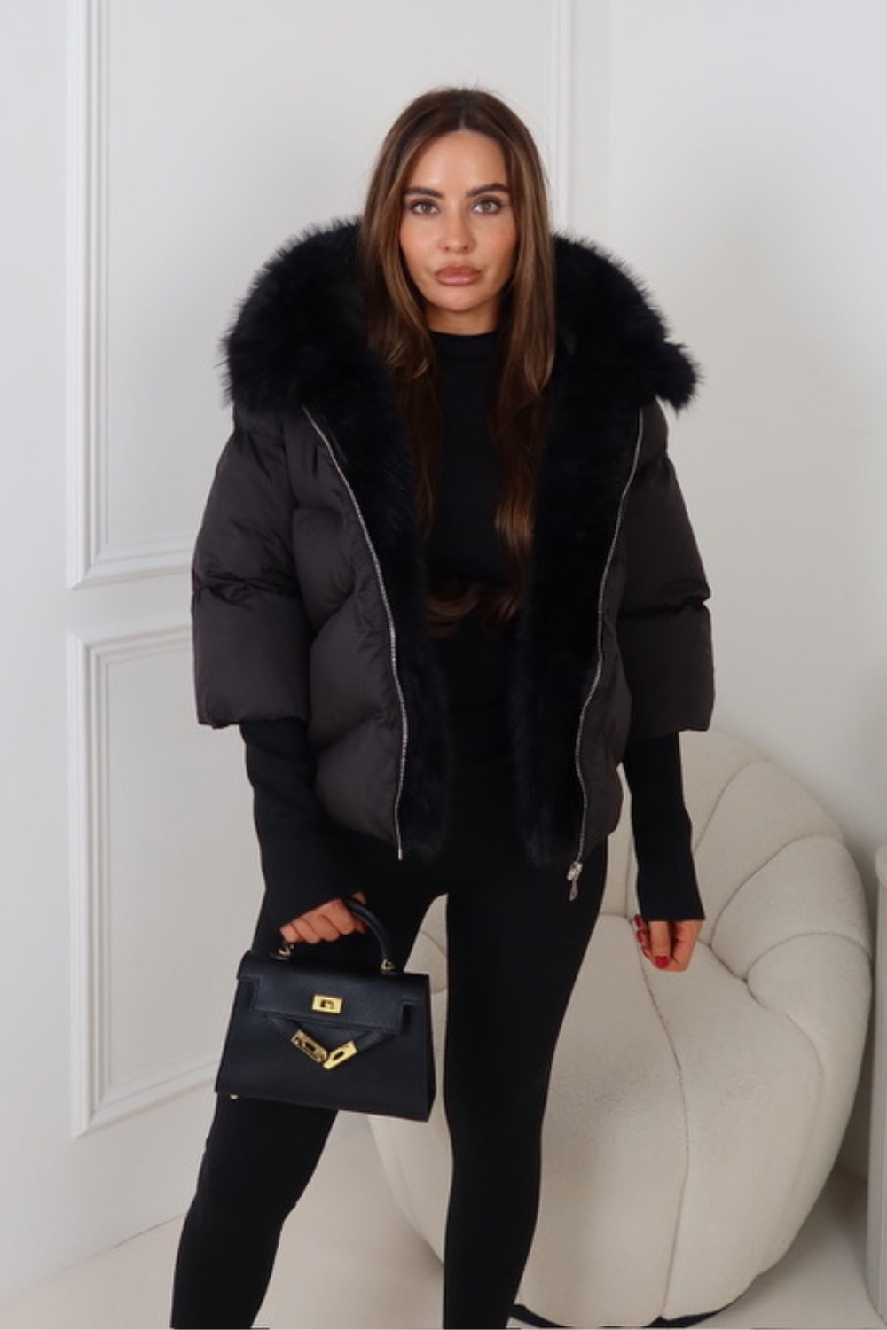 Verity black hooded puffer coat with faux fur trim - Image 3