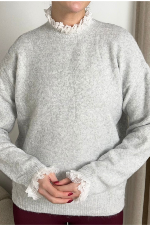 CORDELIA MARL GREY RUFFLE SHIRT TRIM JUMPER