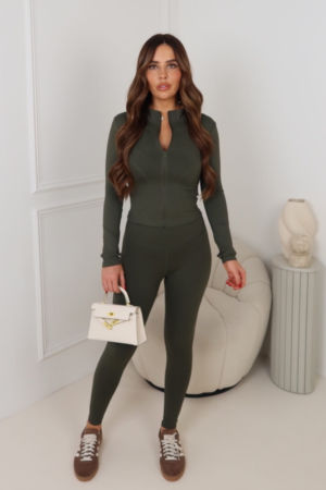 Carly khaki zip jacket and legging activewear